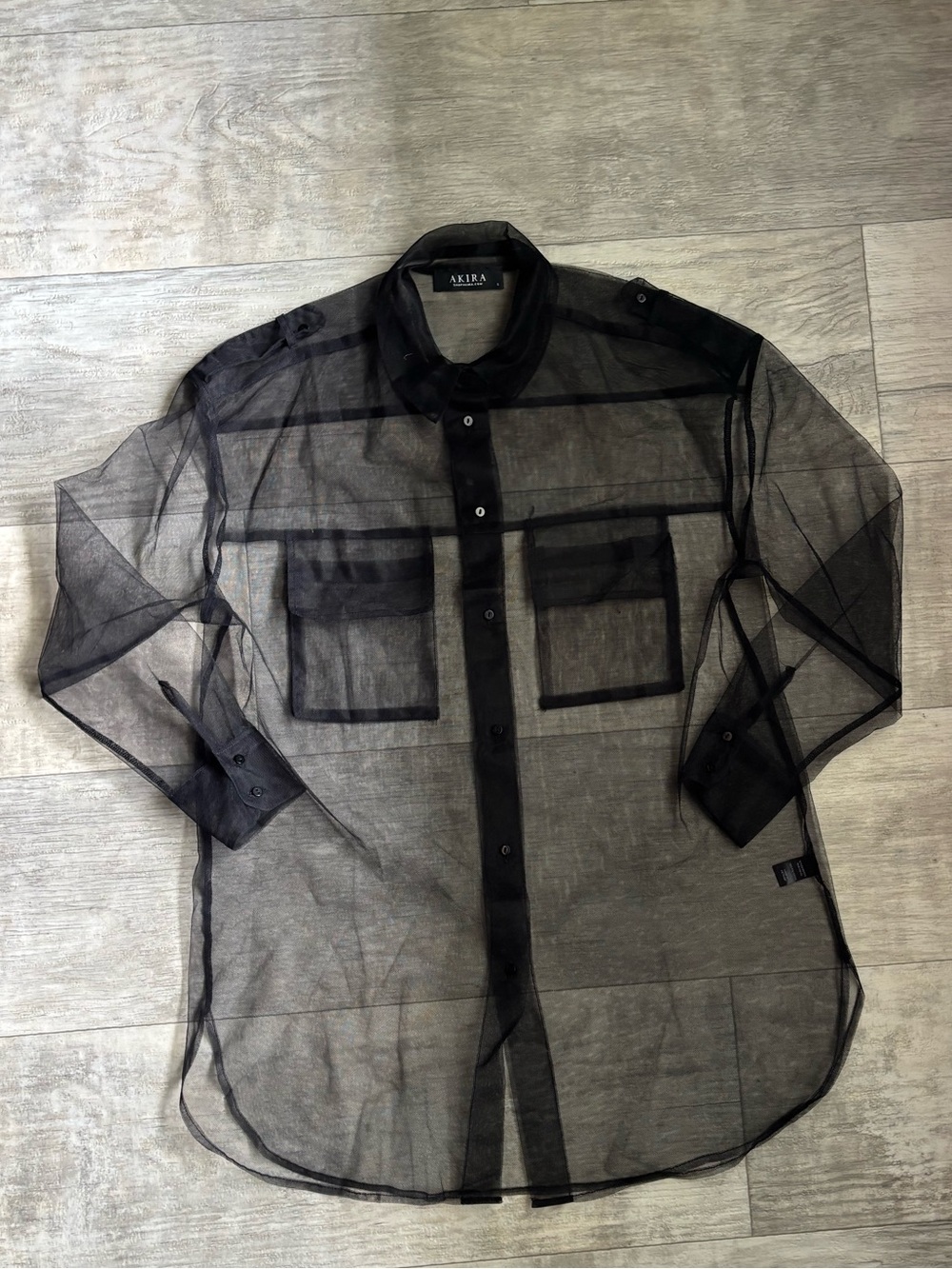 AKIRA Black Sheer Mesh Button Down Shirt Front Pockets Size Small-111
